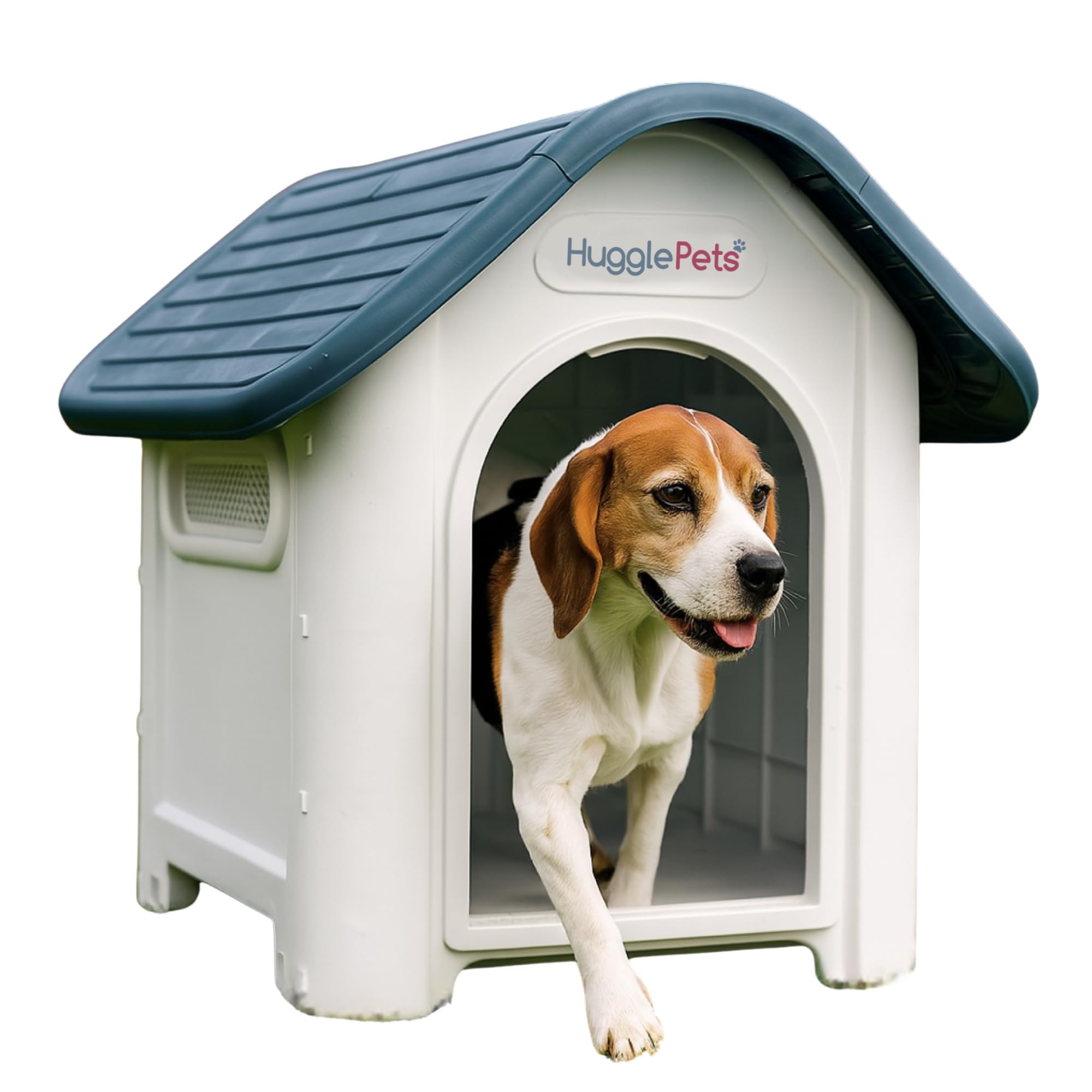 HugglePetsPlastic Dog Kennel Outdoor & Indoor (87 x 72cm - Grey) Raised & Ventilated Weatherproof Cat or Dog House Pet Shelter. Lightweight & Durable, Easy to Assemble & Clean.