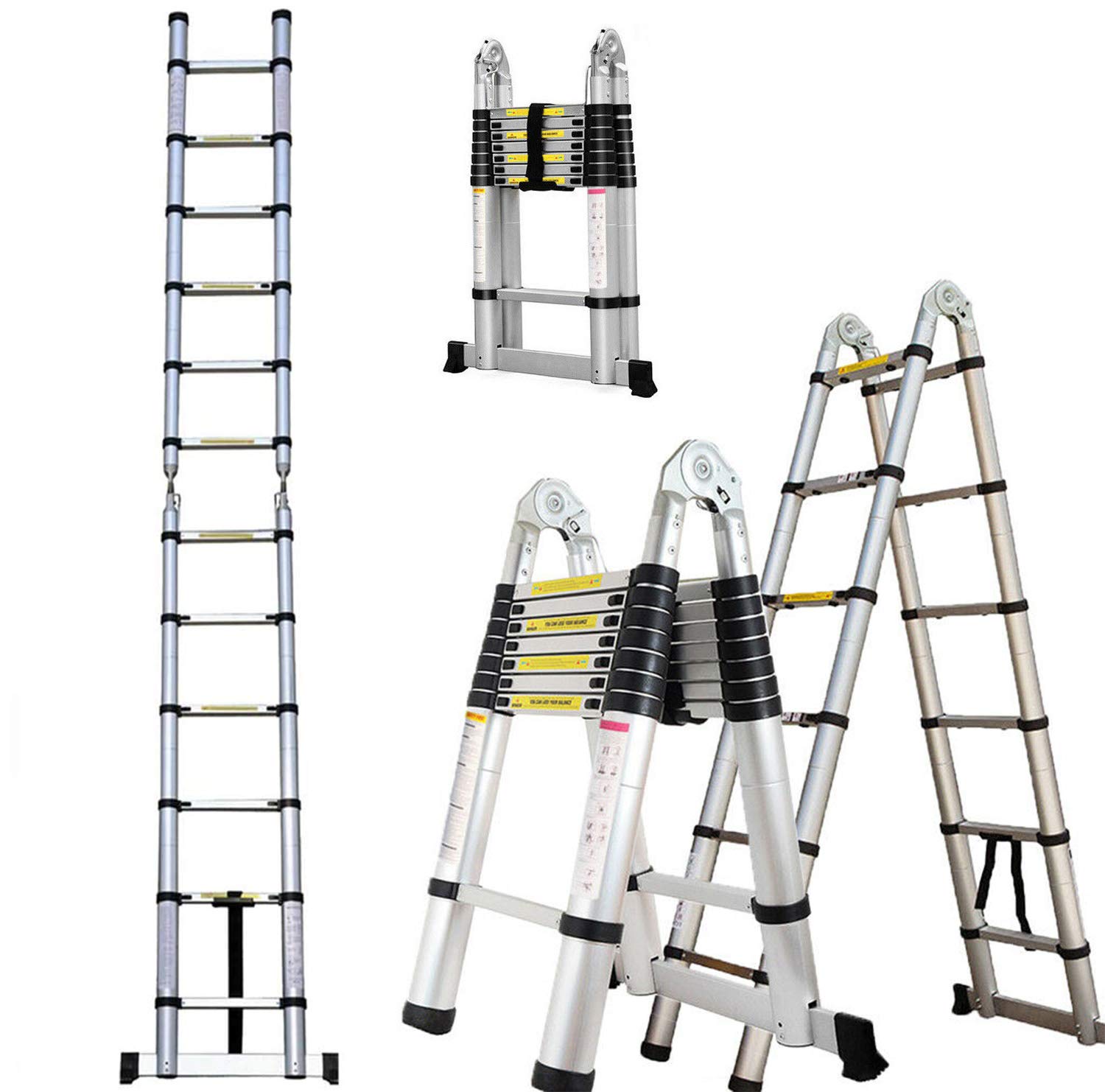 Uniwersalna drabina teleskopowa 3,8 m, ze stabilizatorem, wyciągana drabina 1,9 m + 1,9 m, składana drabina wysuwana, konstrukcja teleskopowa, obciążenie 150 kg
