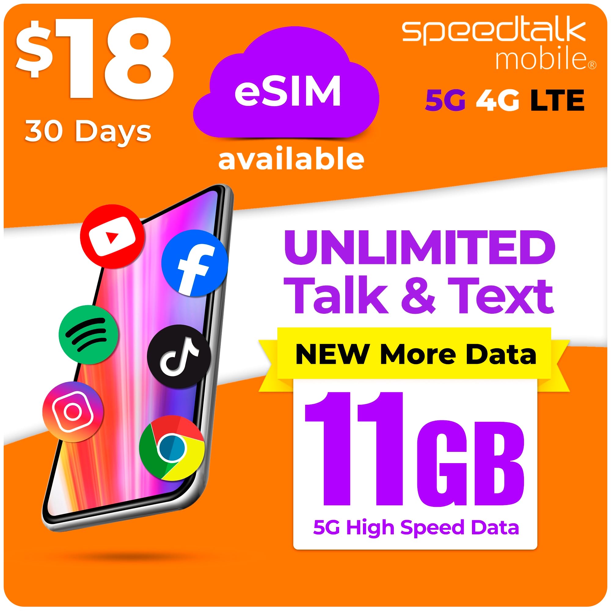 SpeedTalk Mobile Prepaid Cell Phone SIM Card for Smart Phones &amp; Cellphones | $18 Monthly Plan - Unlimited Talk &amp; Text + 11GB 5G 4G LTE Data | 3-in-1 SIM Card Standard Micro Nano