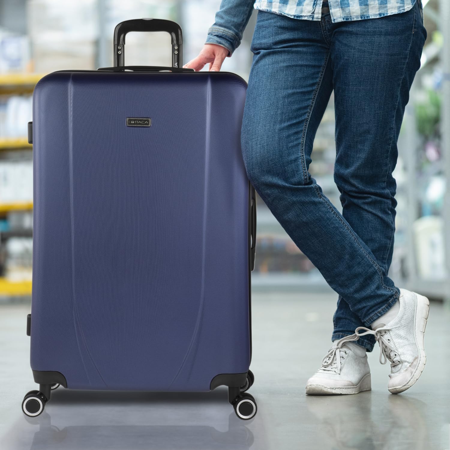 ITACA - Valigia 23Kg da stiva capiente Valigia rigida XL con ruote silenziose Trolley Grande Rigido leggero ideale per viaggi lunghi con Lucchetto a combinazione, Blu Navy-Antracite