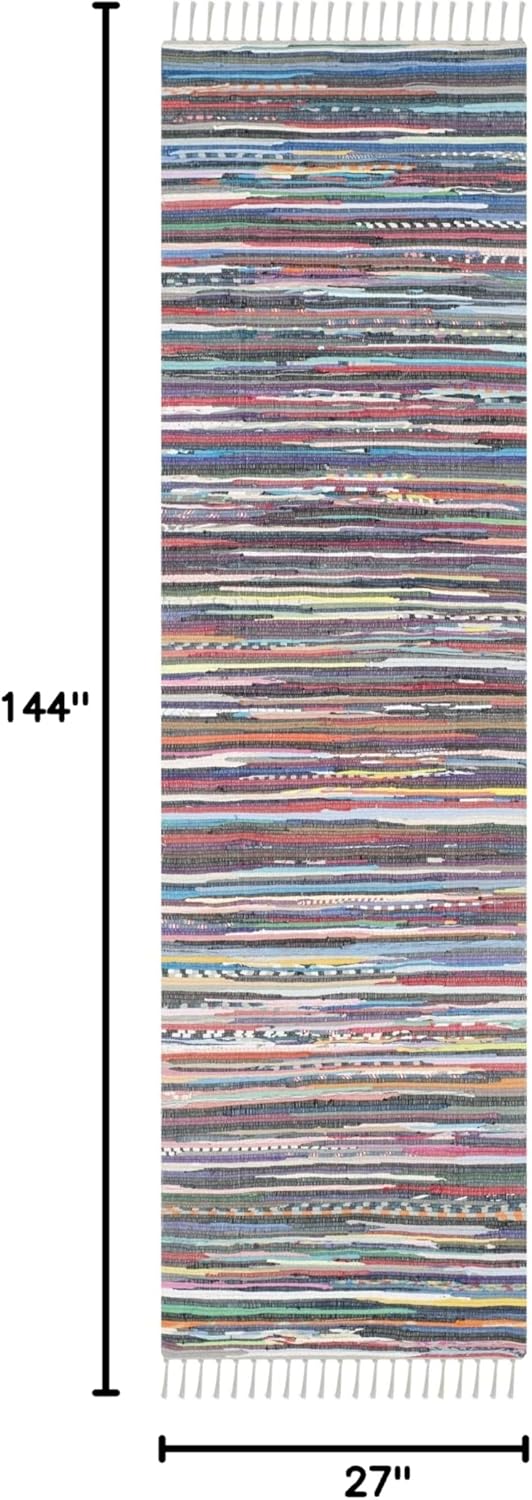 SAFAVIEH Rag Rug Collection Runner Rug - 2'3" x 12', Grey & Multi, Handmade Boho Stripe Cotton, Ideal for High Traffic Areas in Living Room, Bedroom (RAR121M)