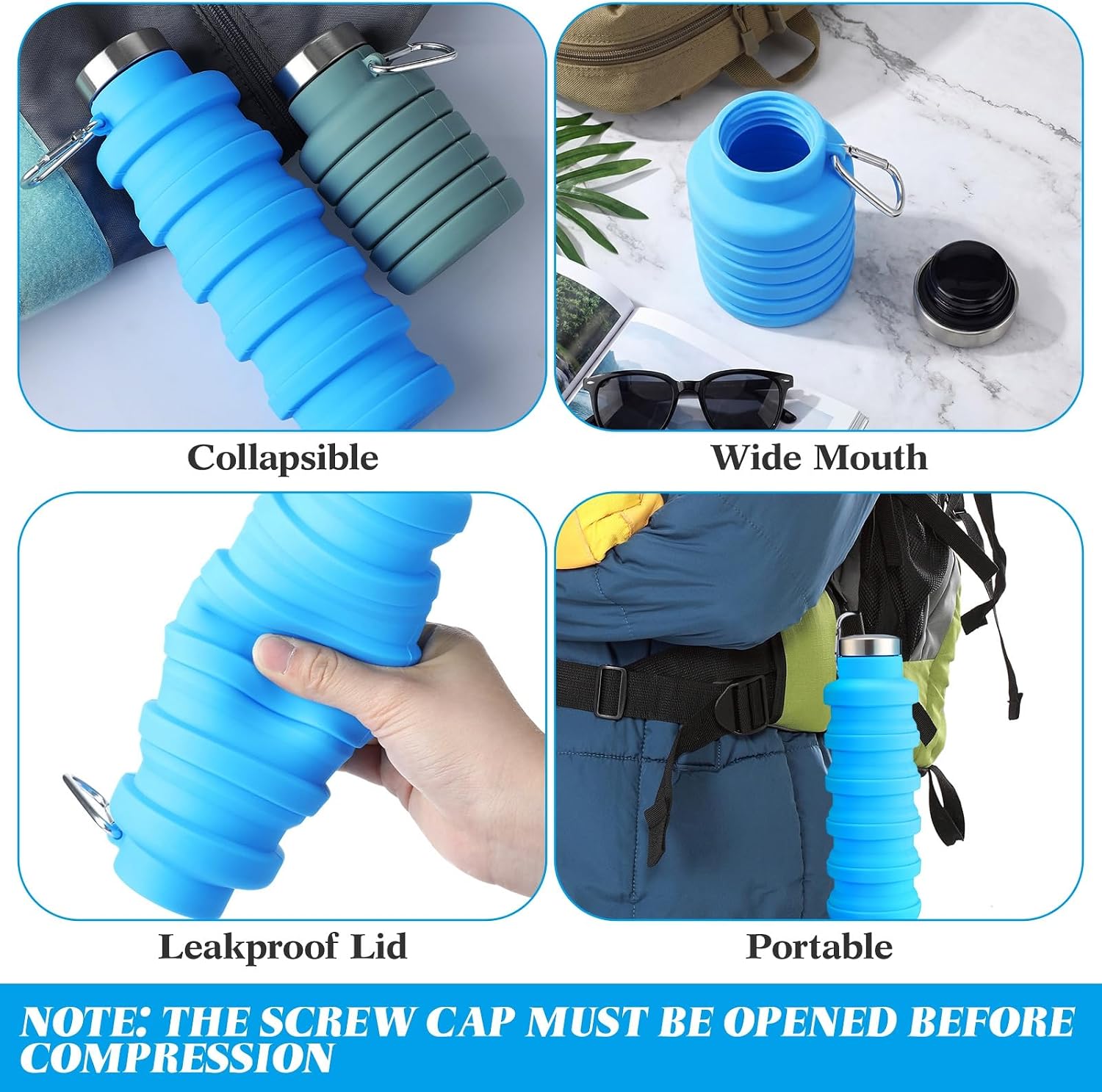 Lallisa 4 Pcs Collapsible Water Bottles 17 oz Reusable Silicone Foldable Travel Water Bottle Portable Leak Proof Sports Bottles for Gym Camping Hiking (Army Green, Orange, Blue, Black)