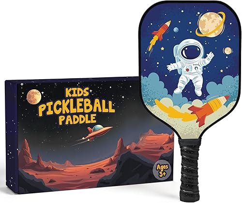 Paleta de pickleball para niños diseñada para edades de 3 a 12 años, fibra de vidrio ligera (0.37 libras), agarre pequeño para un fácil control,