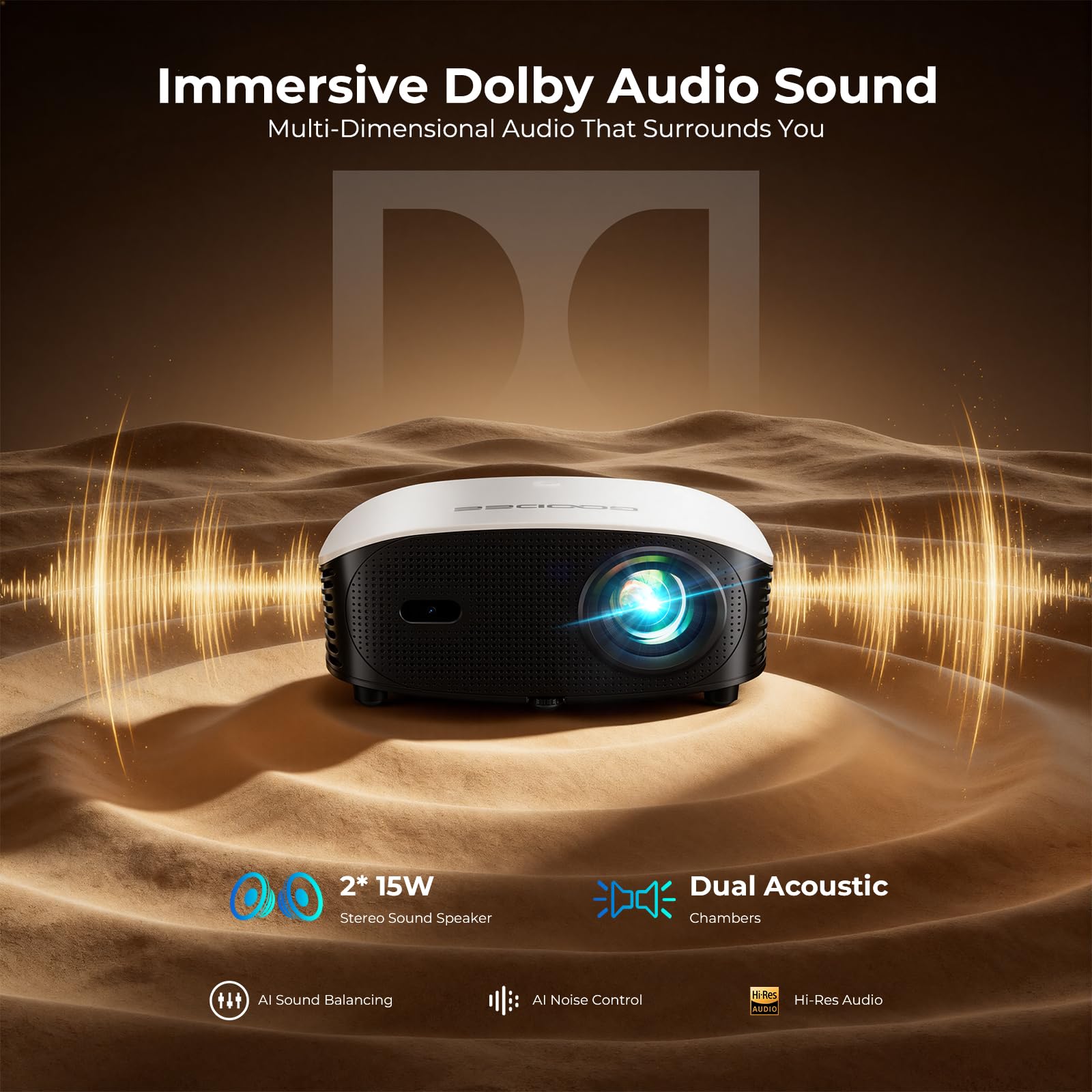 GooDee Mini projecteur Intelligent avec WiFi et Bluetooth – Prise en Charge 1200 ANSI 4K, Compatible avec Netflix/Youtube/Prime Video, Mise au Point Automatique AI et Keystone, projecteur Dolby Audio