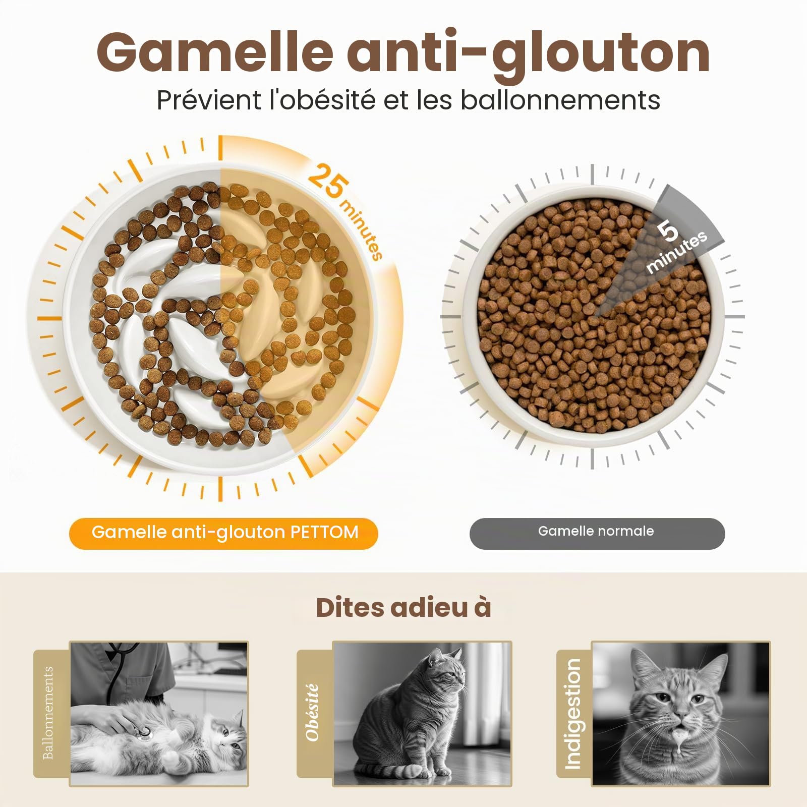 PETTOM Gamelle Anti Glouton Chat Céramique Surélevée avec Bambou Support, Anti Vomissements Gamelle pour Chat Manger Lentement pour Aliment Sec Humide (Blanc, Baleine)