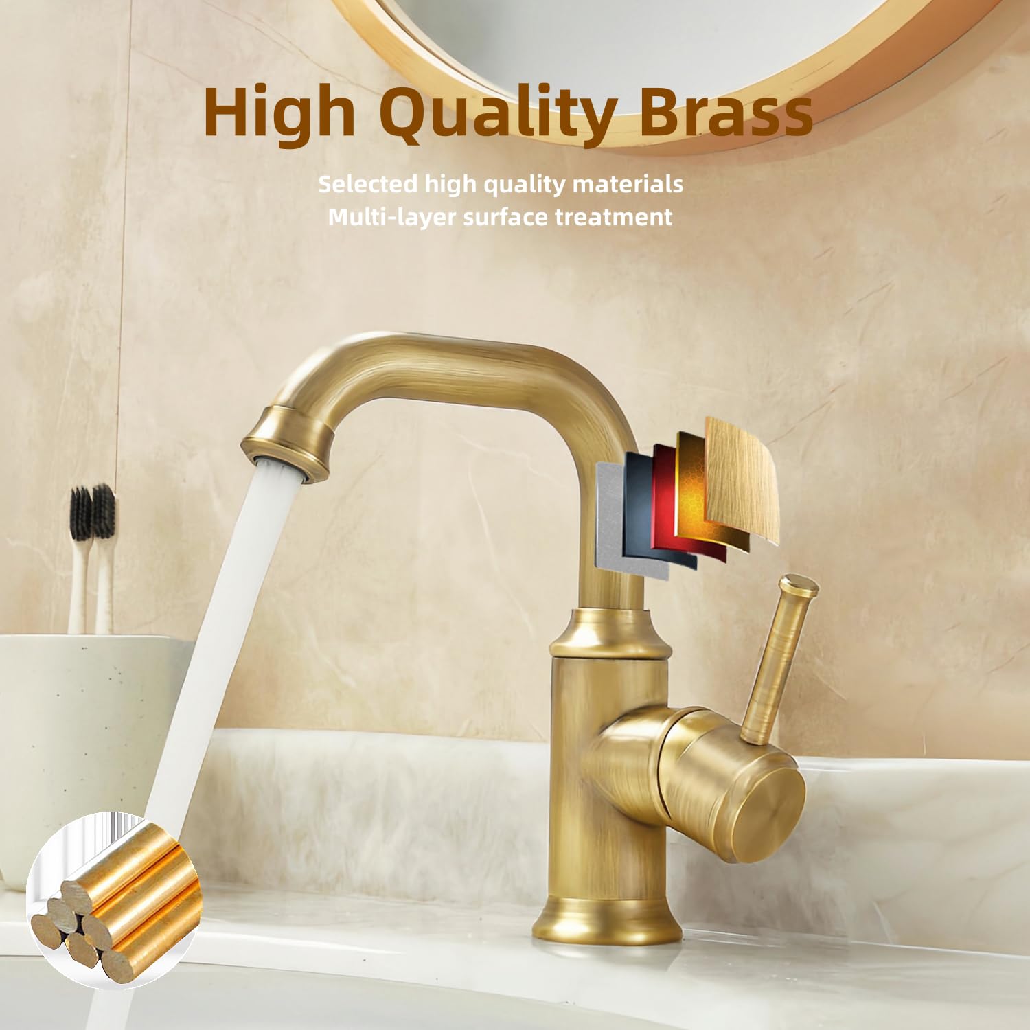 Wasserhahn Bad Antik Messing, Retro Waschtischarmatur | Vintage Einhebel Mischbatterie Waschbecken, 360° Schwenkbar, Kalt-und Warmwasser, Keramikkartusche, G3/8 für Badezimmer