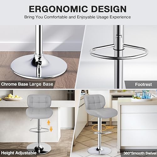 Miniatura 5 de ErgoDesign Juego de 2 taburetes de bar, taburetes de bar ajustables Ripstop de lujo, taburetes de bar de piel sintética (gris claro)