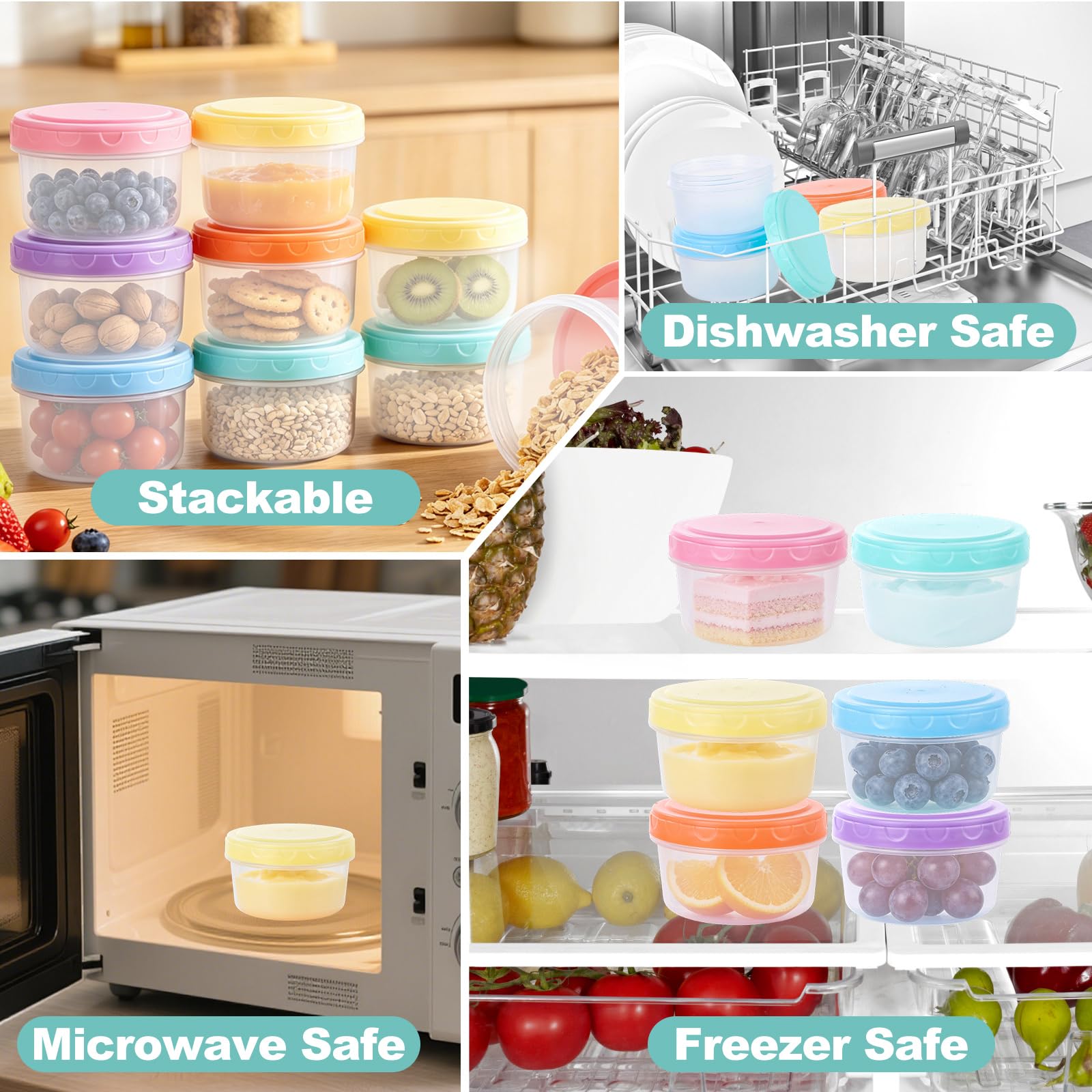 YOUNTHYE Confezione da 24 piccoli contenitori per alimenti con coperchio, 300 ml, riutilizzabili e impilabili, contenitori per alimenti con coperchi colorati per pranzo, frutta, yogurt
