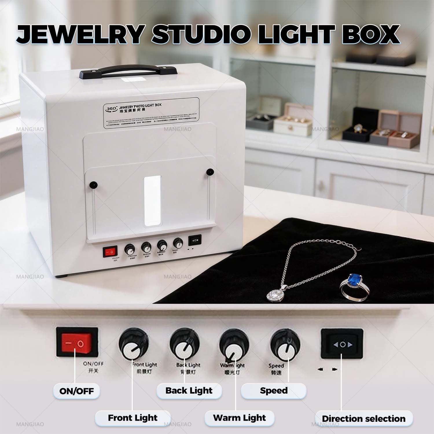 Scatola luminosa per studio fotografico, Softbox dimmerabile LED con piattaforma girevole per fotografia di gioielli e video di piccoli prodotti