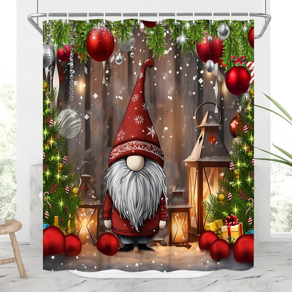 JONSEQIN Merry Christmas Shower Curtain Gnome Red Xmas Balls Vintage