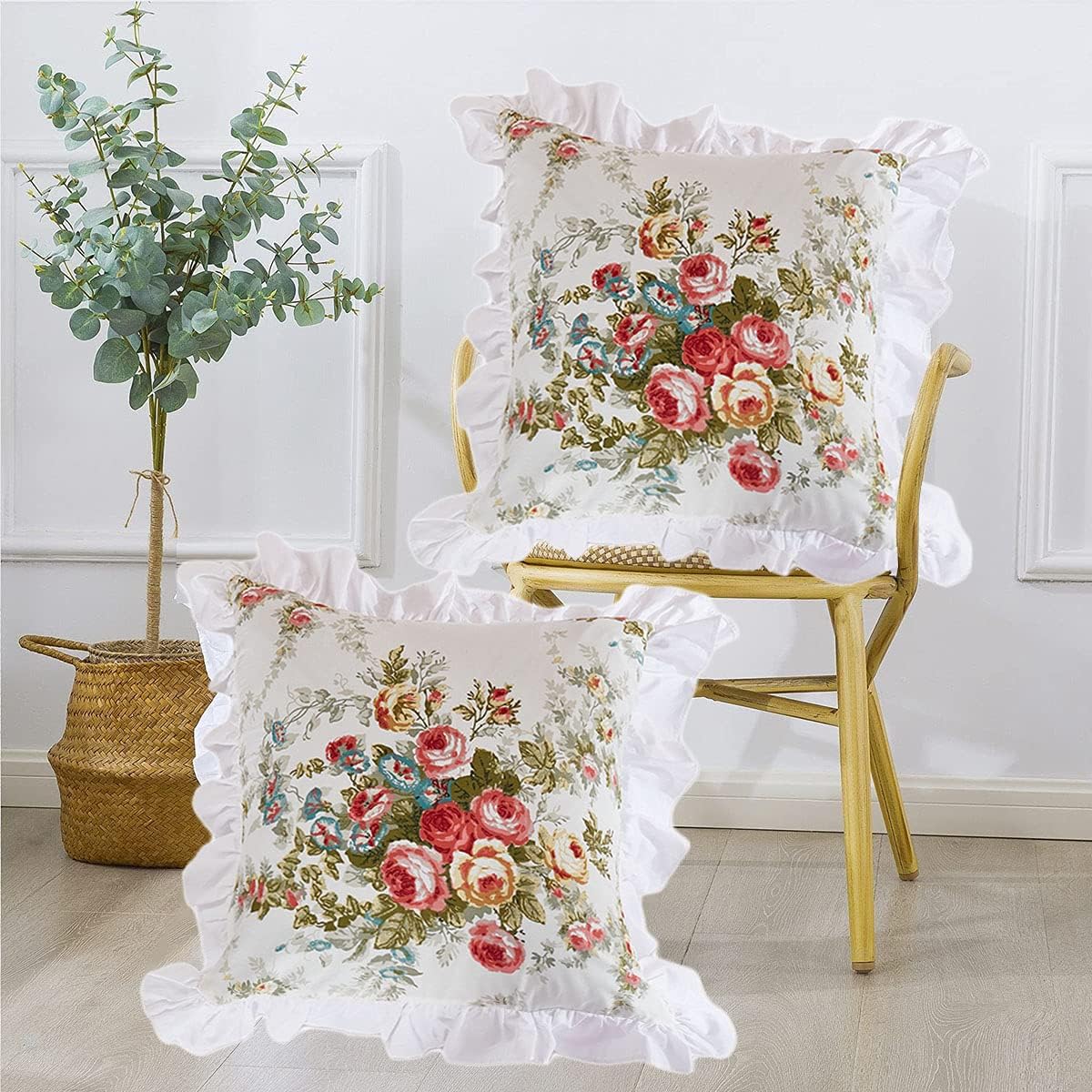FadfayRuffle Throw Pillow Covers, 18 x 18 inch Set of 2, 100% Cotton Decorative Pillowcase Shabby Vintage Rose Pattern, Cusion Cases for Sofa Couch Bed Bedroom Room Chair Car Home Décor