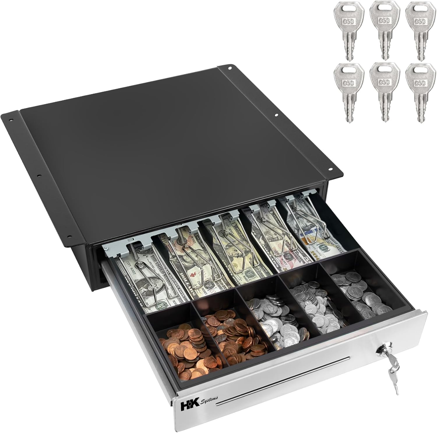 HK SYSTEMS 16" Heavy Duty Black Push Open Cash Drawer, 5B5C with Under Counter Mounting Metal Bracket