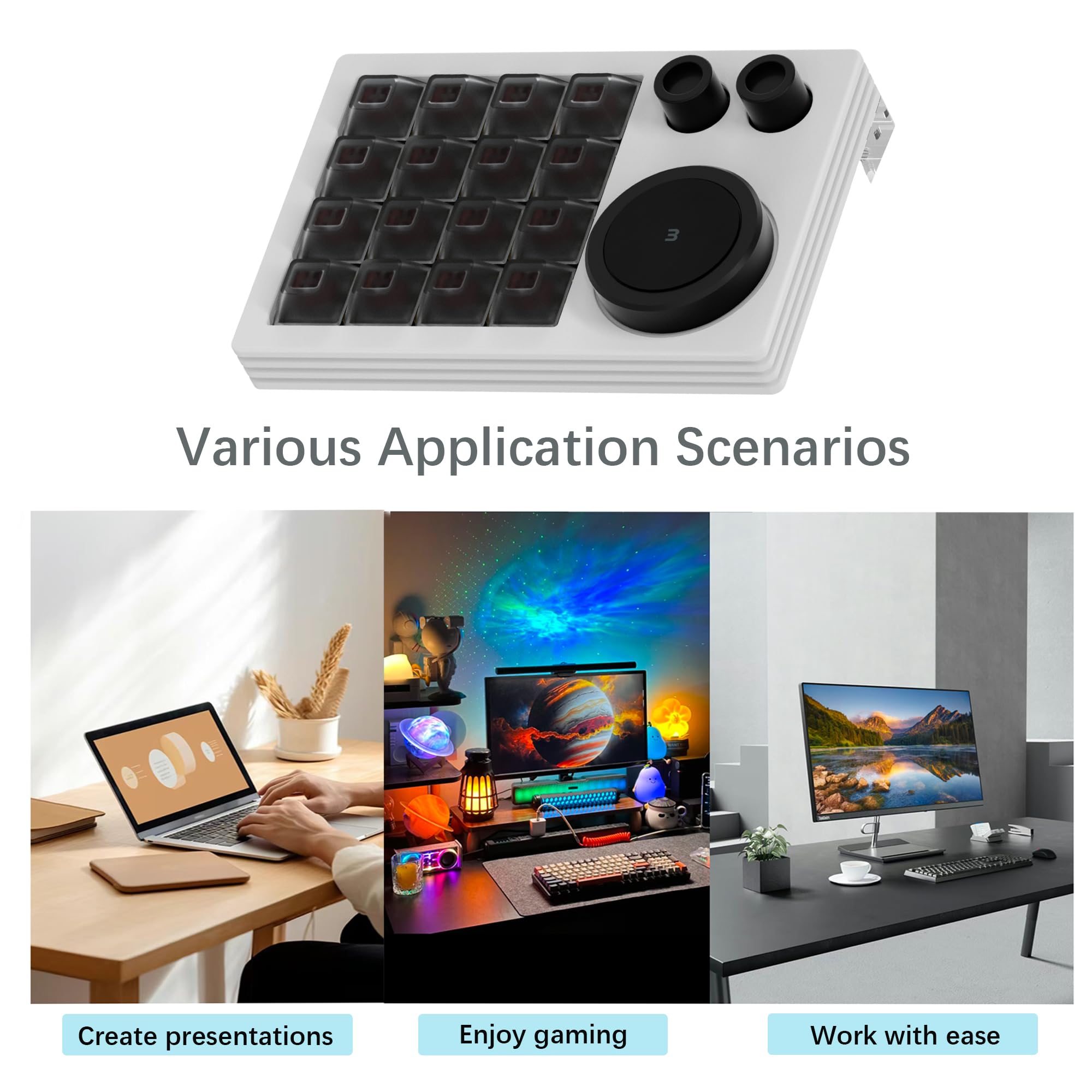 Clavier macro programmable, clavier programmable avec triple bouton 16 touches et écran, clavier de jeu à une main pour iOS, Windows (blanc)