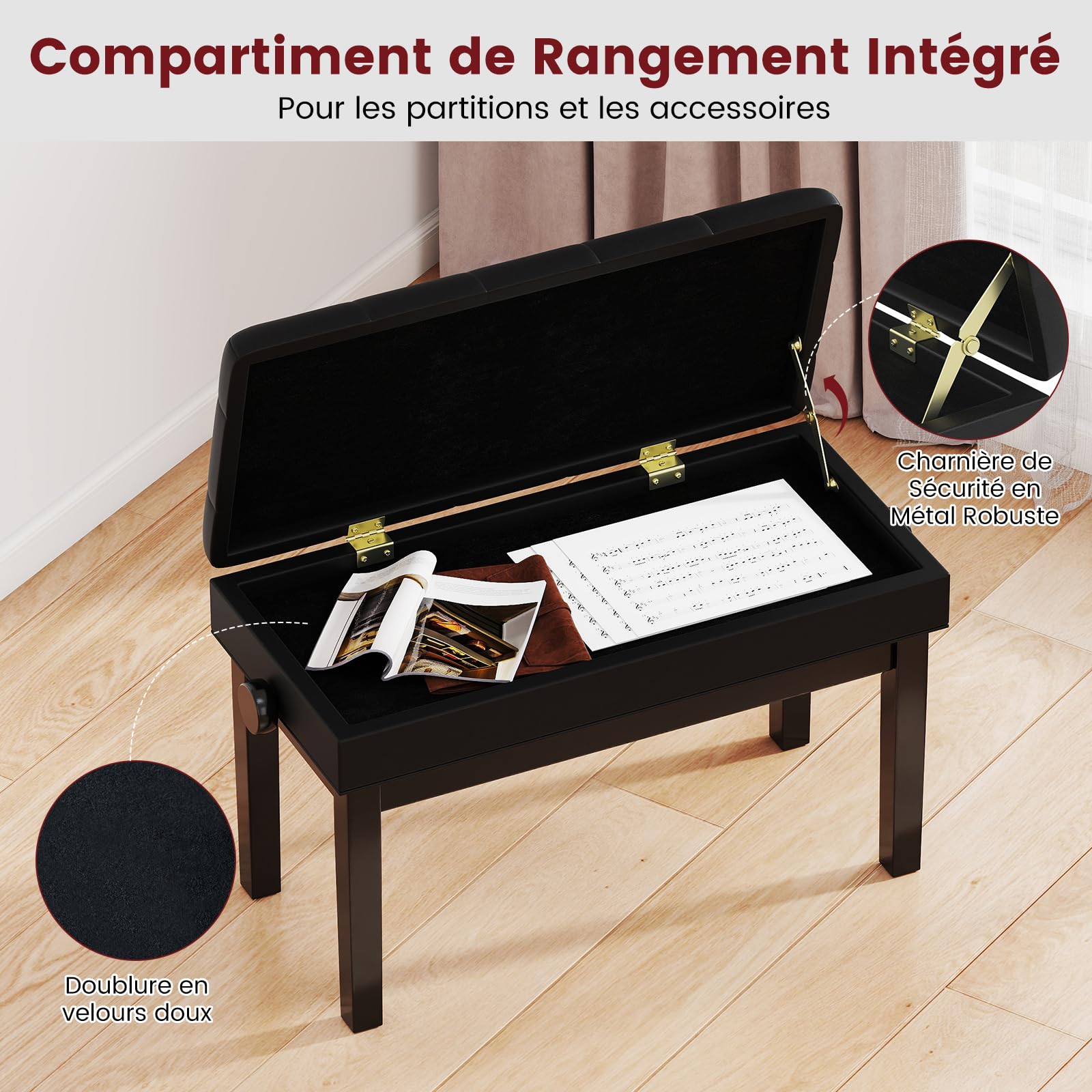 GIANTEX Banc pour piano avec hauteur réglable de 48 à 58 cm, tabouret rembourré pour 2 personnes, tabouret avec espace de rangement et pieds antidérapants, noir