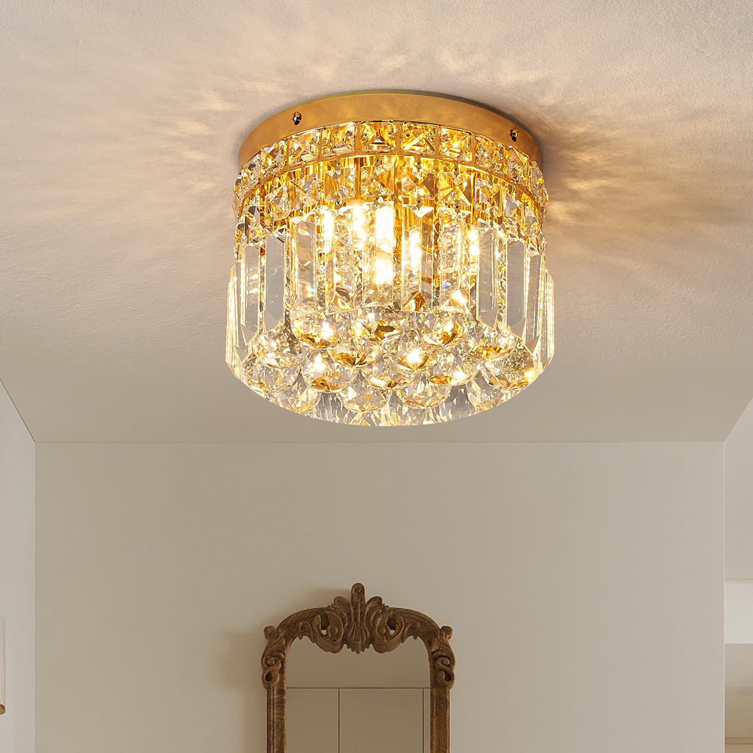 Mini Modern Round Crystal Flush Mount Gold Chandelier 7.8 inch Ceiling Light Fixture 4-Lights G9 Bulb for Closet Foyer Hallway Bedroom Living Room Dining Room Entryway Plating Finish