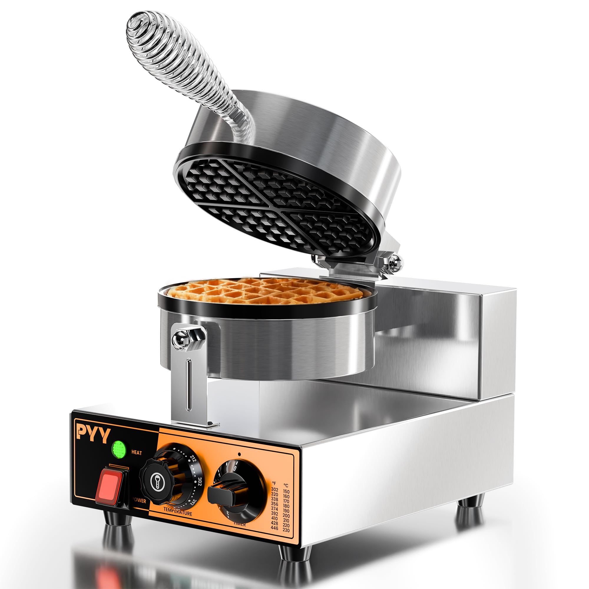 PYY Commercial Waffle Maker - 1300W Non-stick Waffle Iron, 20Pcs/H Stainless Steel Round Belgian Waffle Machine, Time Control and Temperature Adjustable, for Home Kitchen, Breakfast Restaurant