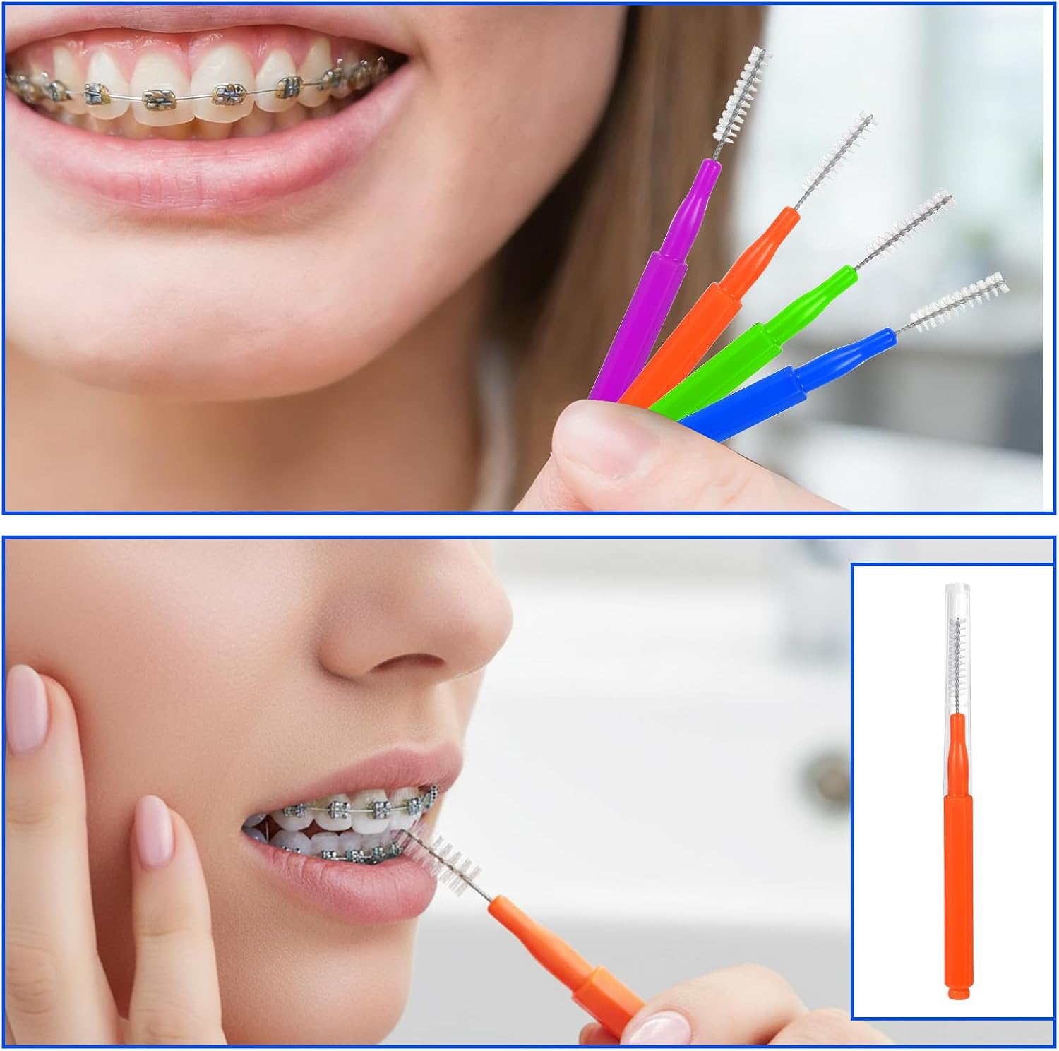 JJUNW 100 Pieces Interdental Brushes, 4 Colors Dental Cleaning Tools Braces Brush for Cleaner Dental Hygiene Flosser Toothpick Cleaners Tooth Tool for Efficient Oral Care
