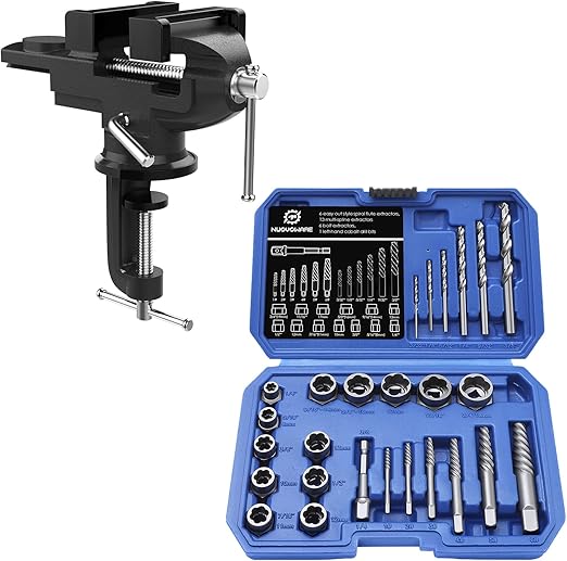 Nuovoware Screws & Bolts Extractor Set 26 Pcs & Table Vise 3 Inch, Easy