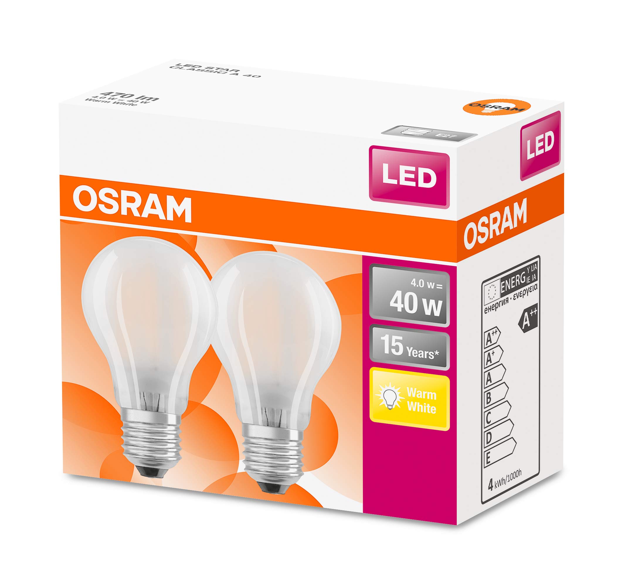 OSRAM Lampa LED | Trzonek: E27 | Ciepły biały | 2700 K | 4 W | matowe | LED Retrofit CLASSIC A [Klasa efektywności energetycznej A++] | 10 sztuki