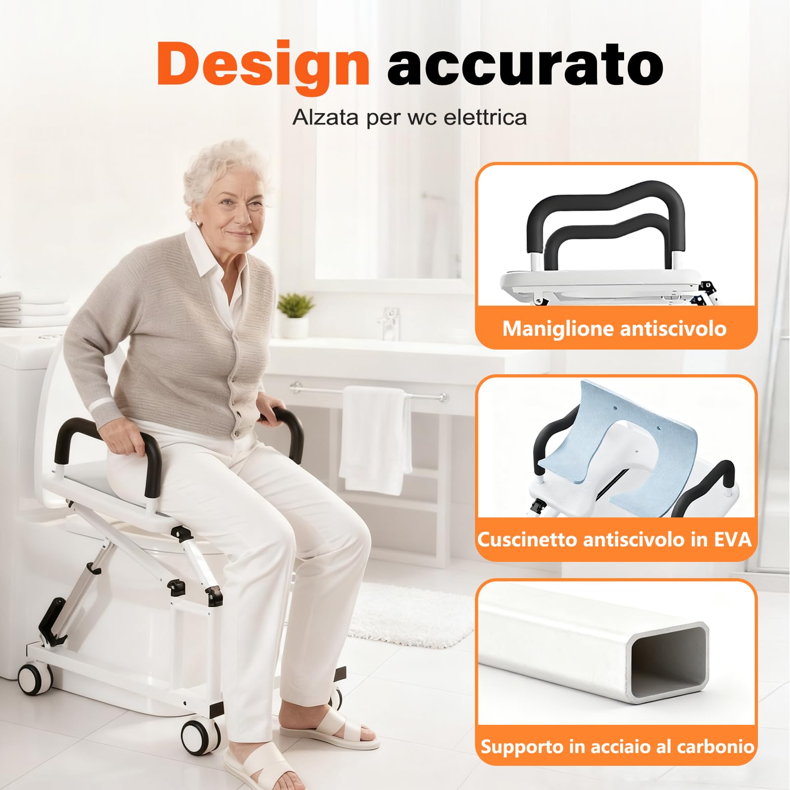 Rialzo elettrico per WC con tecnologia antiribaltamento intelligente, progettato per anziani e persone con mobilità limitata
