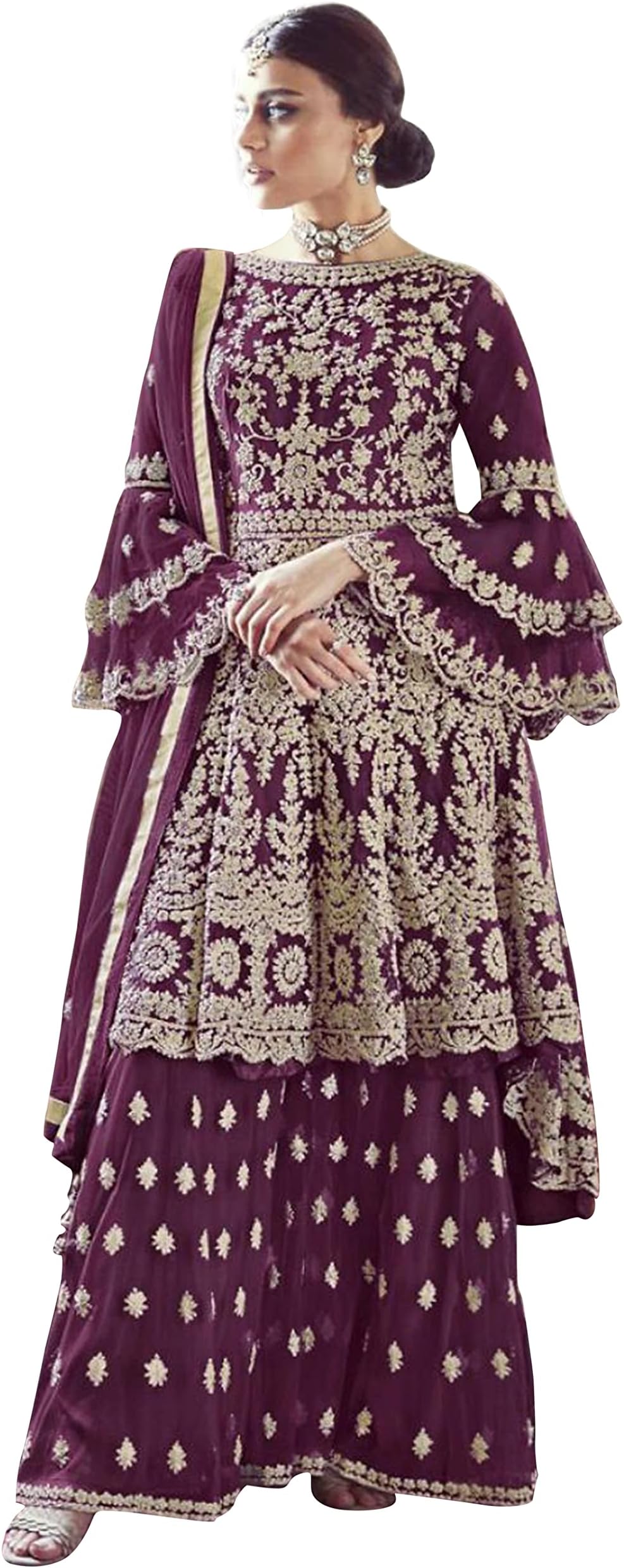 Miss Ethnik Women's Net Semi Stitched Top With Bottom and Dupatta Embroidered Flared Top (Kurta Palazzo Set)