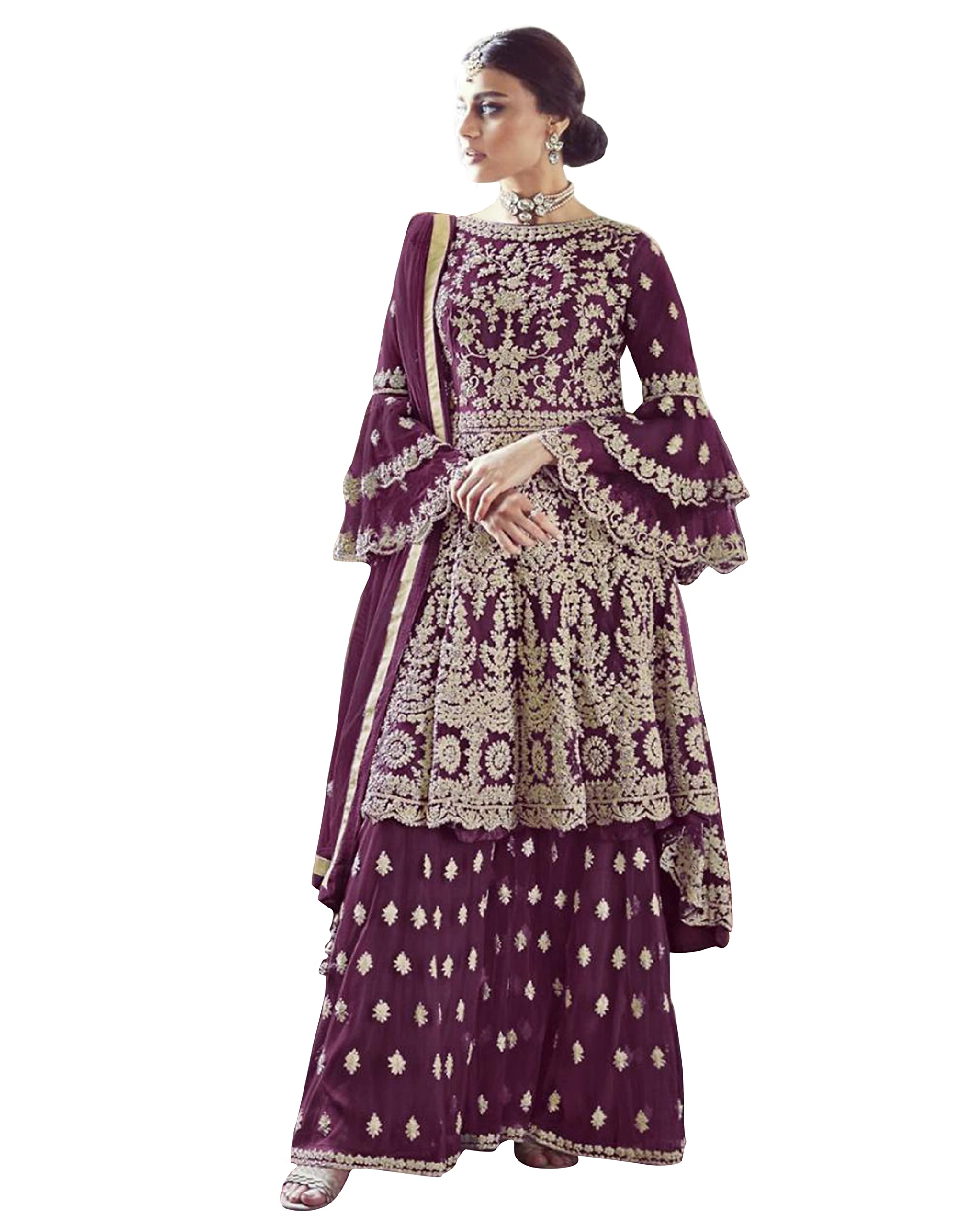 Miss Ethnik Women's Net Semi Stitched Top With Bottom and Dupatta Embroidered Flared Top (Kurta Palazzo Set)