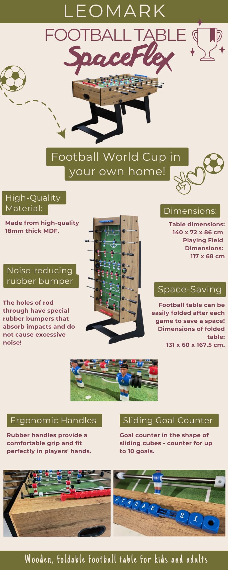 Leomark Kickertisch - SpaceFlex - Tischfussball zusammenklappbar, Kicker für Kinder, Tischkicker mit Zubehör, Jugendkicker für Party und Spielzimmer, Höhe: 86 cm, ab 8 Jahren