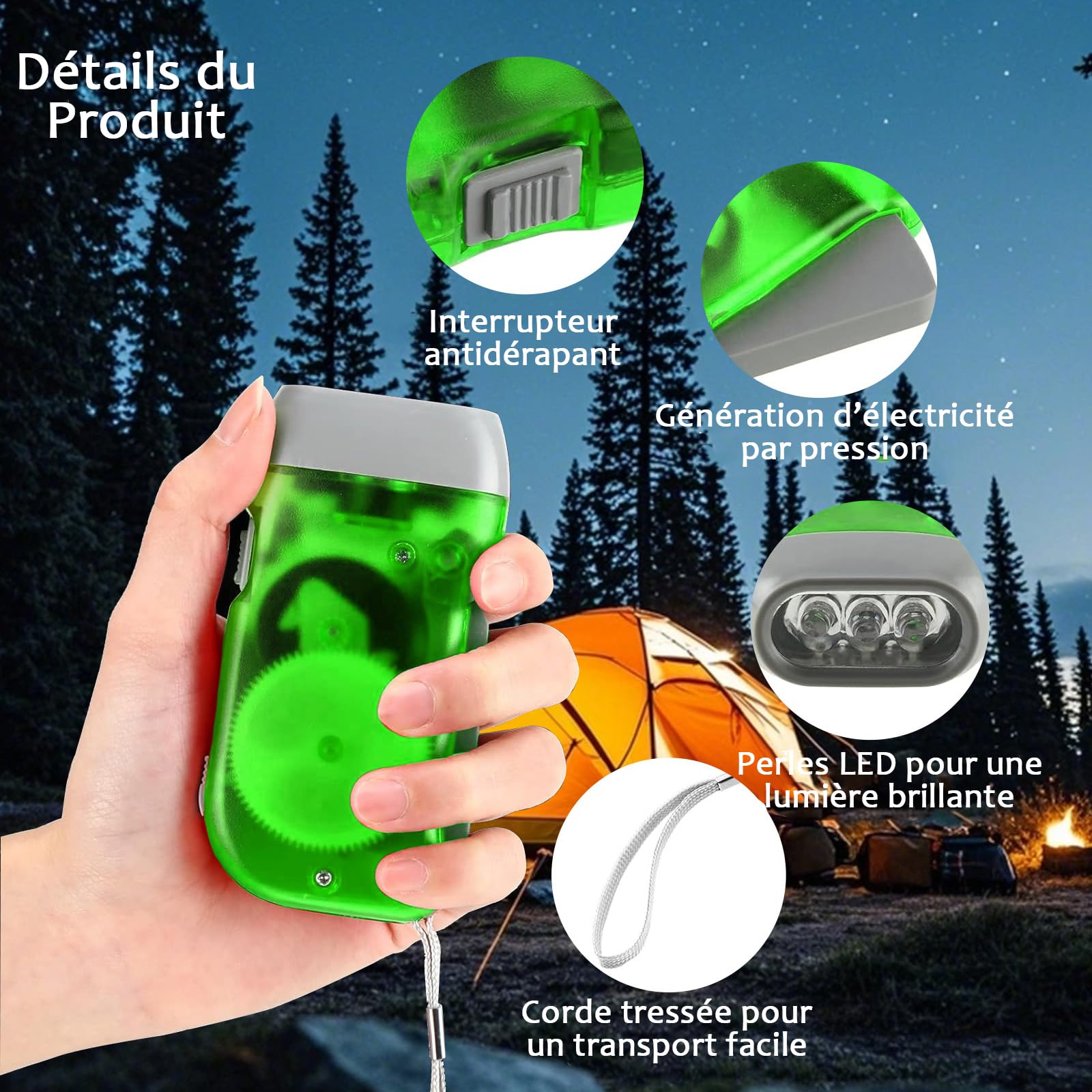 Lot de 24 Lampe Torche à Manivelle 3 LED, Lampes de Poche Portables à Énergie Manuelle pour Urgence, Camping, Randonnée, Extérieur, 4 Couleurs