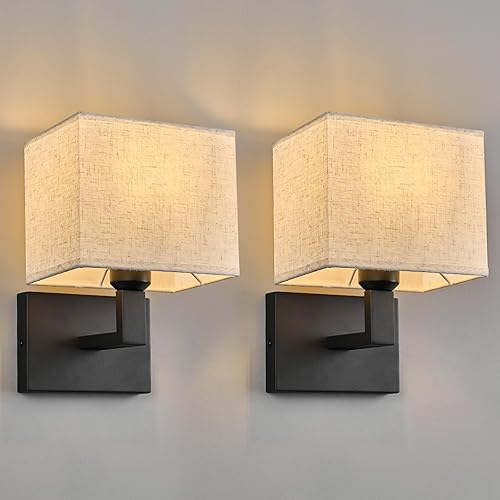 BBLLWJ Juego de dos apliques de pared negros modernos LED de 1 luz de noche de lectura con pantalla de tela blanca, lámpara de pared negra retro disponible en Yaxa Venezuela