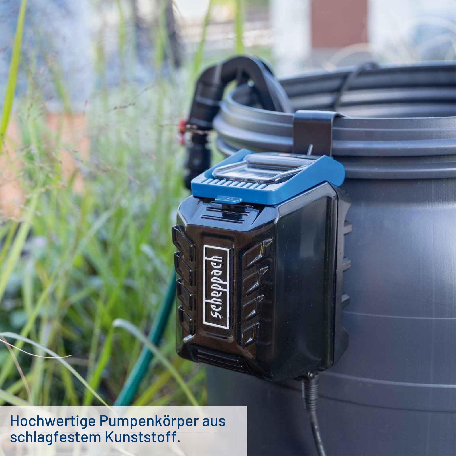 Scheppach Akku Regenfasspumpe C-RBP2000-X mit 2m Schlauch | Fördermenge 2000L/h | Förderdruck 2bar | Förderhöhe 20m | Eintauchtiefe 1,8m | 20V-IXES-Serie | 10 Jahre Garantie | mit 2Ah Akku & Ladegerät