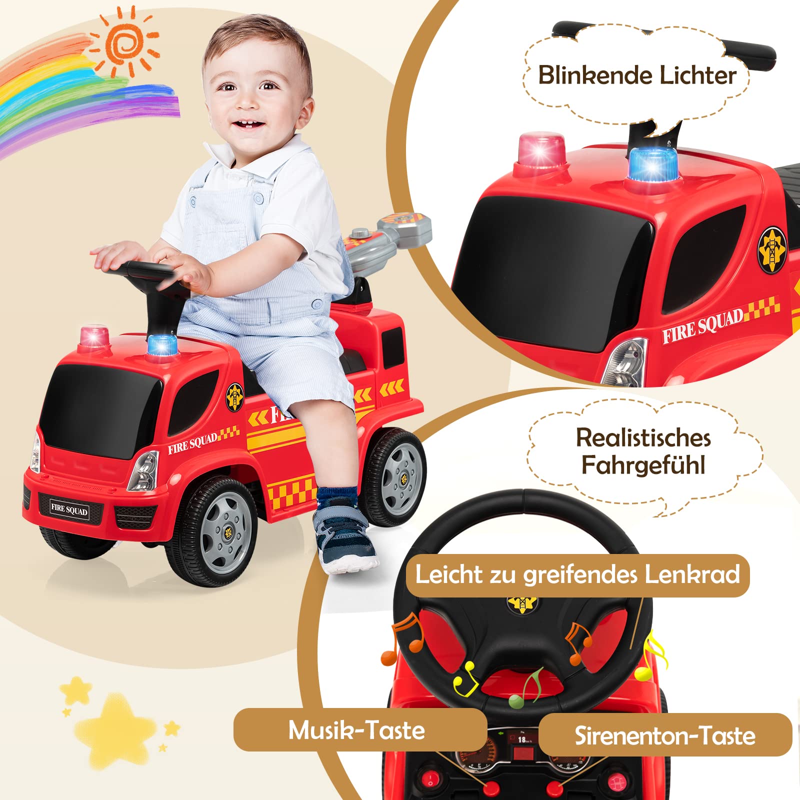 GOPLUS Rutschfahrzeug mit Seifenblasenpistole, Rutschauto mit Sirene & Musik für Jungen & Mädchen, Feuerwehr-Rutschfahrzeug mit Schillernden Lichtern, Kinderfahrzeug für 18-36 Monate, Rot (Modell 1)
