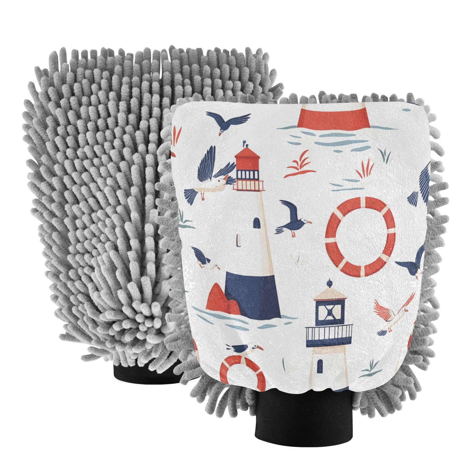 STAYTOP Seagull Lighthouse Car Wash Mitt Microfiber, 2Pcs Scratch Free Lint-Free, Premium Chenille Microfiber Mitt Car Wash Brush-M