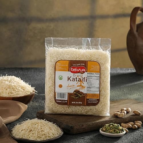 Miniatura 5 de BISVUA Kataifi secado prémium de 3.5 onzas (3.53 oz) - Masa crujiente de fillo triturada para kunafa casera, Knafeh con crema de pistacho y barra de