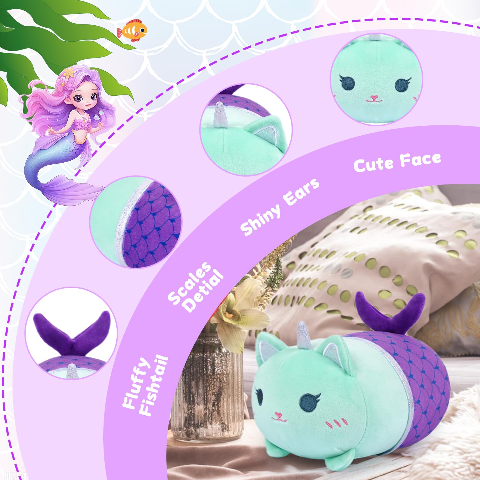 KOPHINYE Mermaid Cat Stuffed Animal,8 inch Cute Cat Plush Mermaid Stuffed Animal Soft Cartoon Cat Plush Pillow, Kawaii Plush Toy for Kids Girls Boys Birthday - Image 5