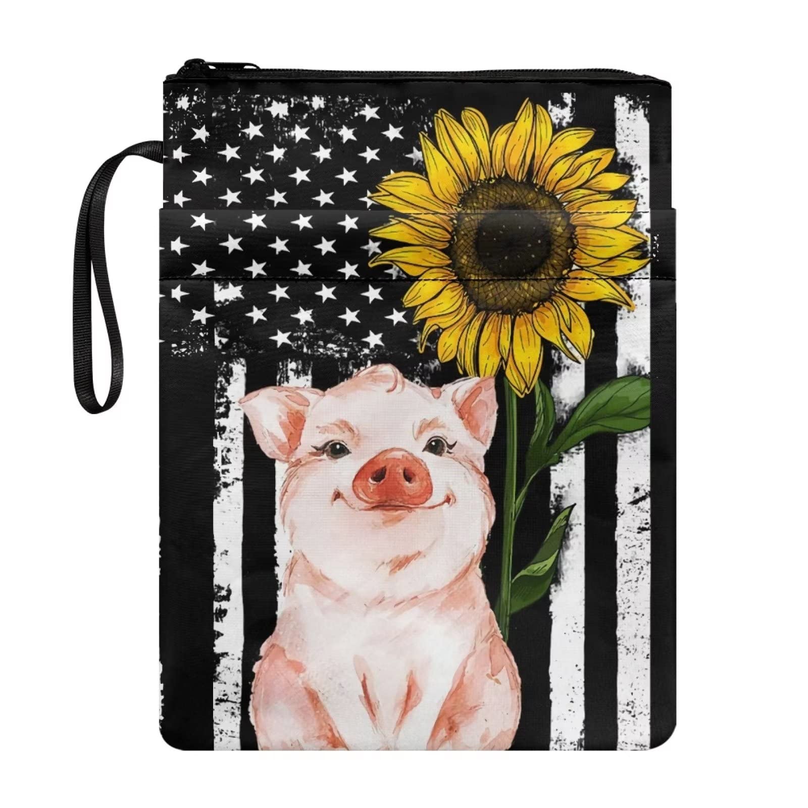 COEQINE Book Sleeve Protector Poch, 8.5 x 11 Mudium Book Cover with Zipper Kids, Cute Pig Sunflower American Flag Pattern — image 1