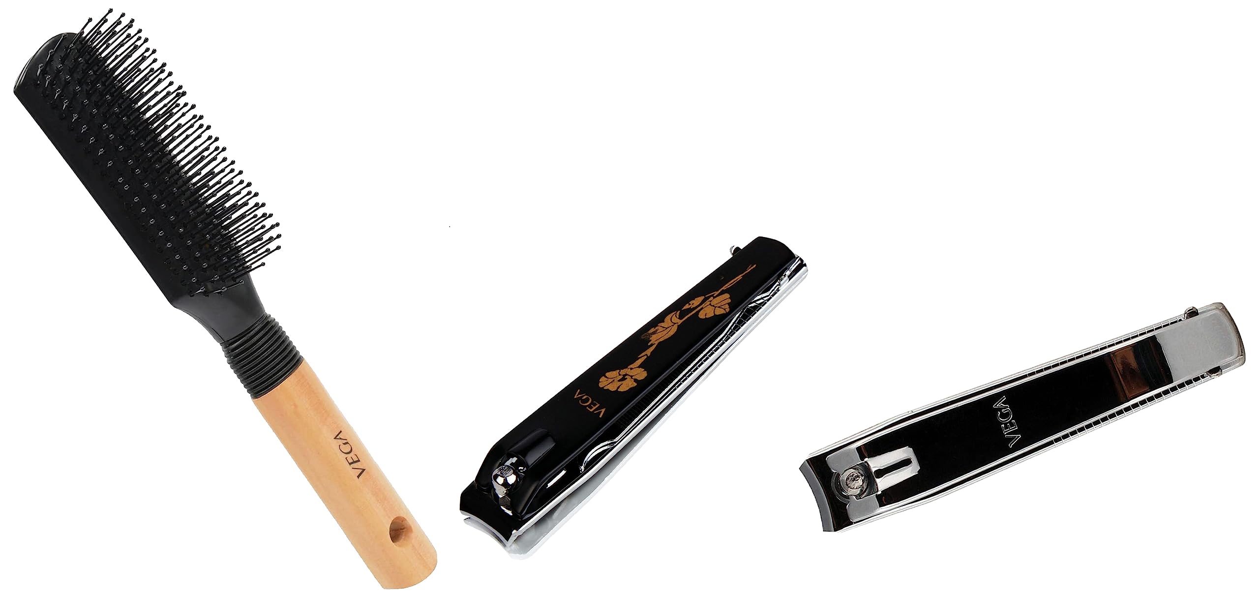 Vega Flat Brush with Wooden and Black Colored Handle with Black Brush Colored Head & VEGA Large Nail Clipper (Black) (LNC-03) & Vega Nail Clipper, Large, 1 Piece-image-0