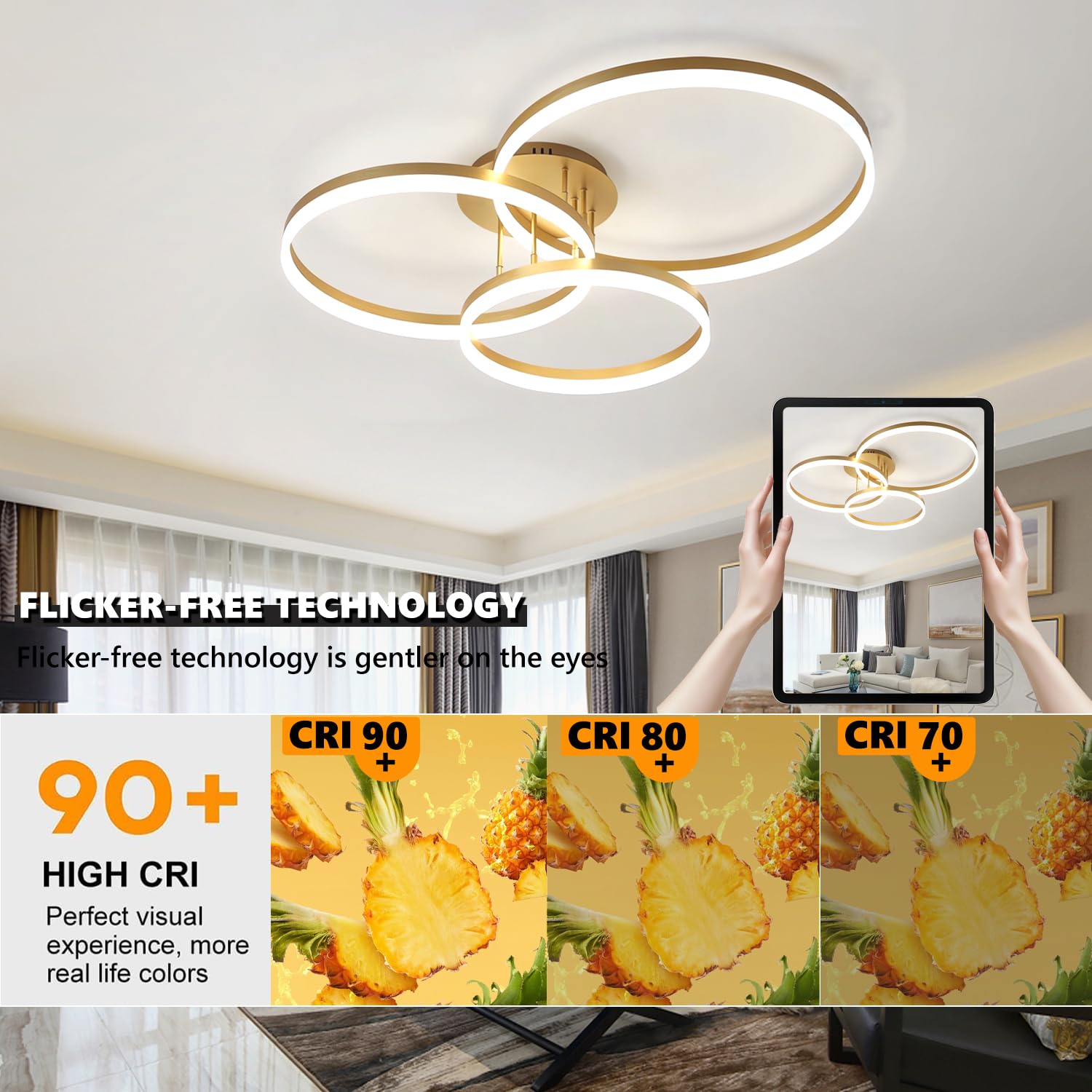 Moderner Led Deckenleuchte Dimmbar Wohnzimmerlampe Verstellbare Runde Deckenlampe mit Fernbedienung 75W 3-Ring Schlafzimmer Decke Licht Bürobeleuchtung für Küche Esszimmer (Gold, L80cm)