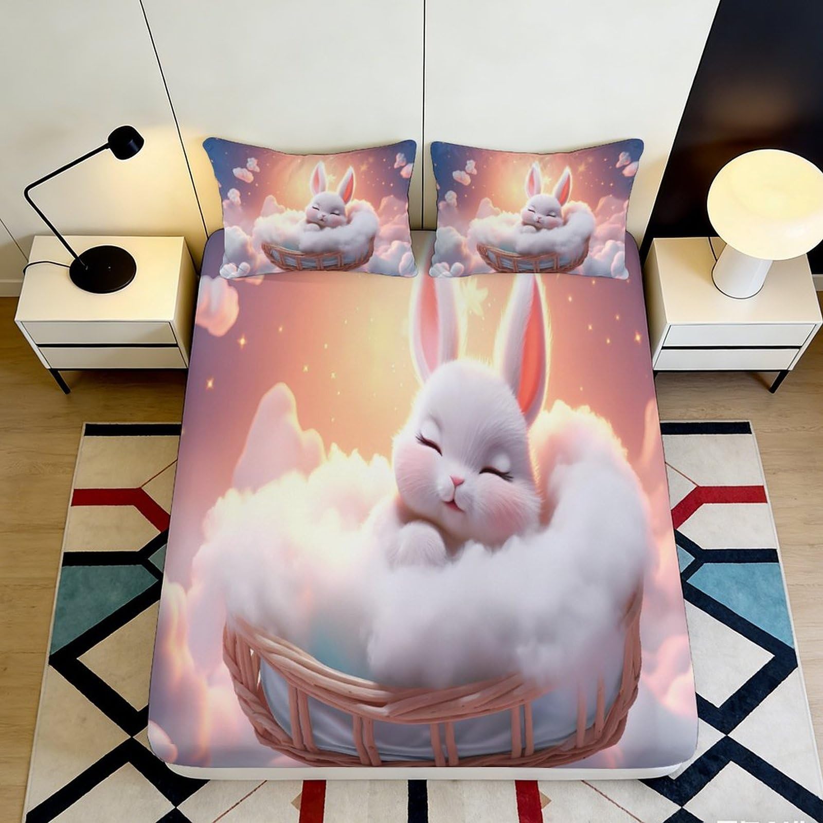 3D Printed Fluffy Bunny Fitted Sheet Microfiber Soft Pastel Cloud Bed Cover for Bedroom Dorm Mattress Decor 90x200x25cm