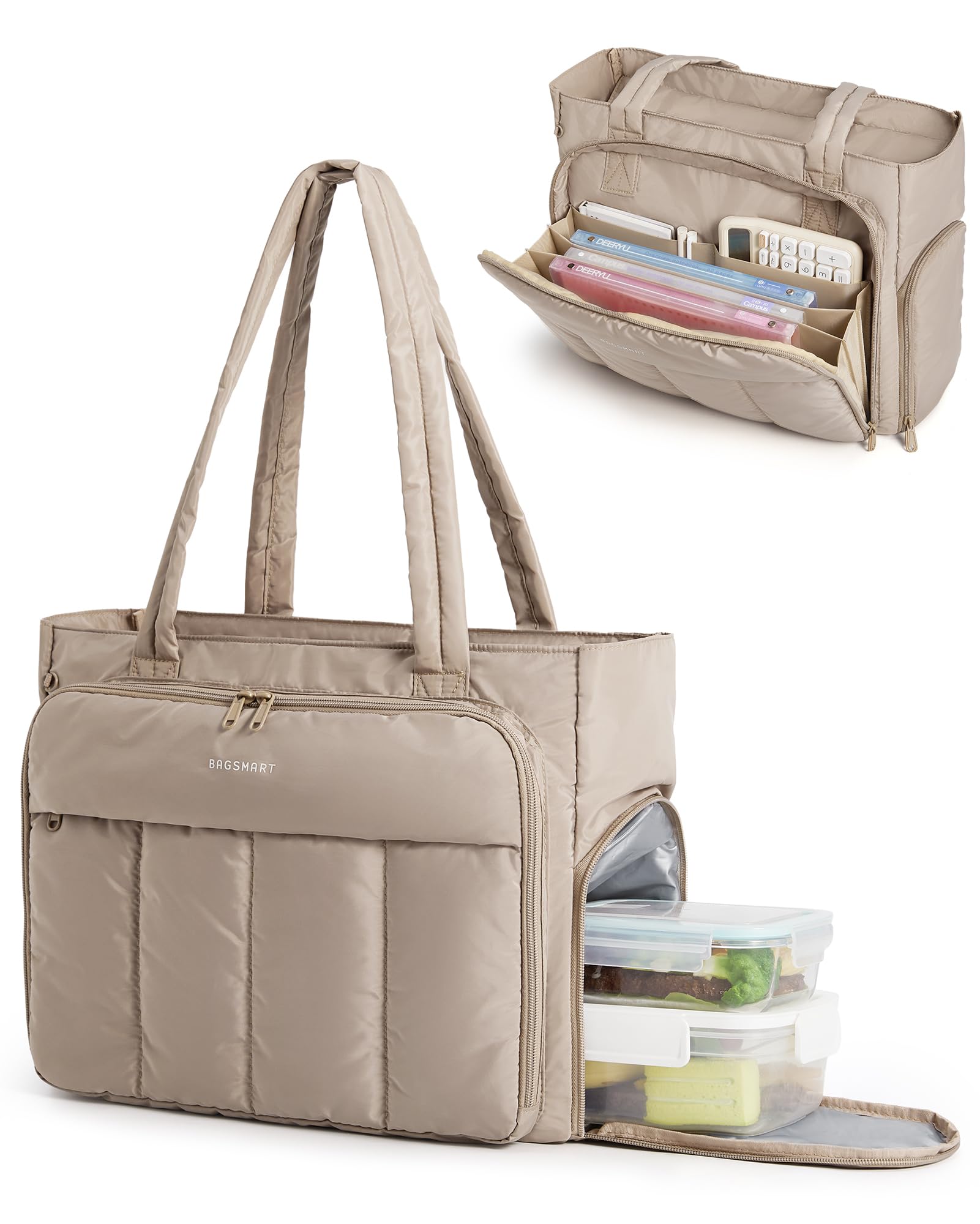 BAGSMART Puffer Tote Bag for Women, 21L/26L Work Tote Shoulder Handbag | M Size: 21L Tote with Pouch & Tumbler Pocket, L Size:26L Tote w/ 7.5L Insulated, Fits 15.6" Laptop, for Teacher/Nurse/Office