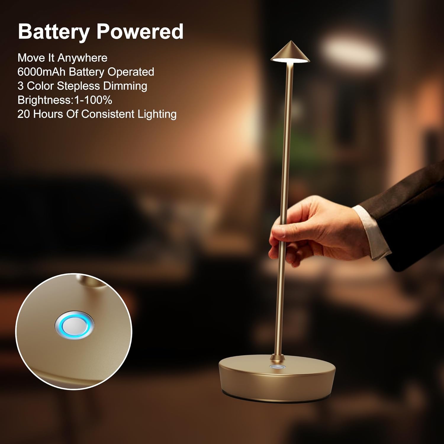 Cordless Battery Powered Table Lamp, Rechargeable LED Dimmable Brightness Metal 6000mAh Touch Desk Lamp Portable Modern Design for Restaurant Patio Indoor & Outdoor (Titanium 2 Pack)