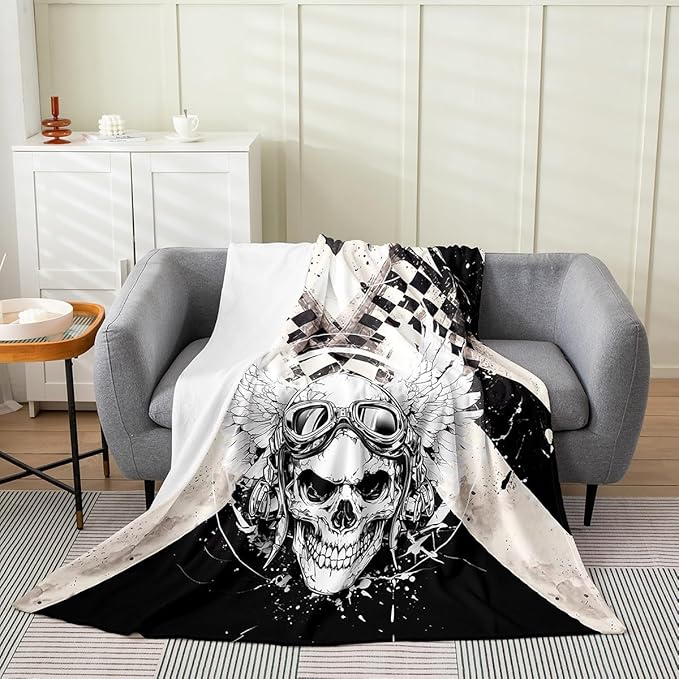 Erosebridal Sugar Skull Blanket 40x50, Angel Wings Throw Blanket, Gothic Skull Glasses Fleece Blanket, Death Angel Crowned Skull Wide Feather Wings Halloween Fuzzy Blanket