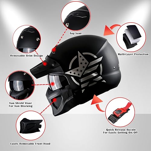 Miniatura 5 de 1Storm Casco de cara completa para motocicleta, casco abierto con escudo ahumado (visera desmontable y máscara facial) HKY881S-E