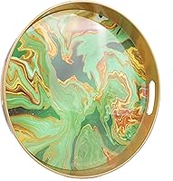 Vista 13 de Bandeja decorativa redonda de mármol blanco con asas, bandeja de servir moderna de plástico de 13" para mesa de café, baño, otomano, decoración