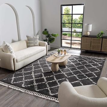 BoutiqueRugs Black Diamond Bohemian Shag 7ft Runner Rug Charcoal Beige Trellis Wallagrass Hallway Kitchen Corridor Stairway Laundry Room 27" x 73" Stain Resistant Non-Shedding Pet Friendly