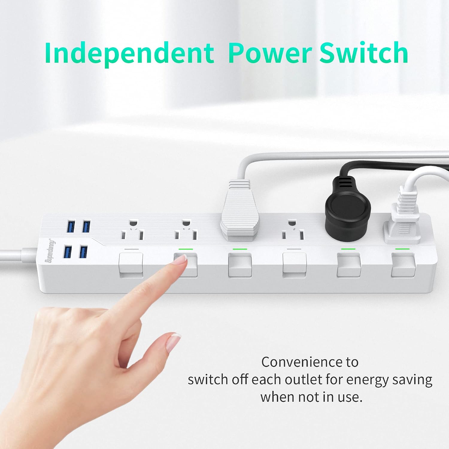 SUPERDANNY USB Surge Protector Power Strip with Individual Switches, Mountable 6.5ft Extension Cord Multiple Protection 6 Outlet 4 USB Port for iPhone iPad PC Home Office Travel Light White
