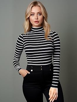 Zengjo Striped Long Sleeve Shirt Mock Neck(Black & White,XS) at