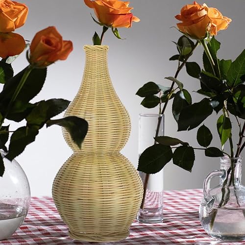 Miniatura 4 de jojofuny Jarrón de flores tejido de ratán, jarrones decorativos de mimbre alto, hecho a mano, cestas rústicas para arreglos florales, decoración de