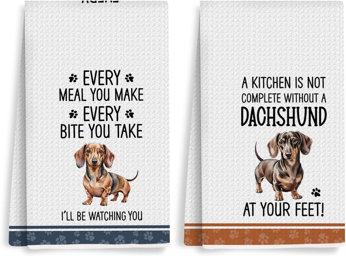 2Pcs Funny Dogs Kitchen Towels 24x14 Inch, Cute Dachshund Waffle Weave Dish Towels for Kitchen Home, White Absorbent Microfiber Hand Tea Towel, Weiner Dog Gifts for Women Dog Lovers 2