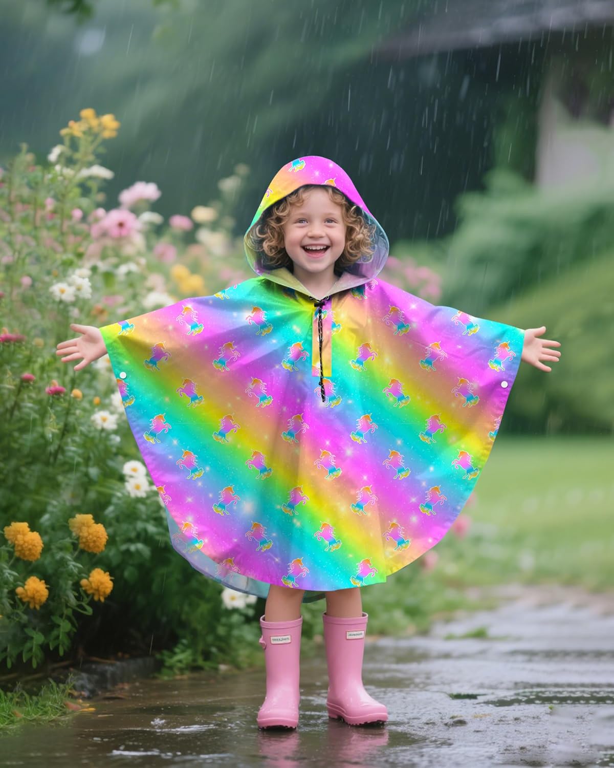 OlyPegic Kids Rain Poncho with Hooded Reusable Waterproof Lightweight Ponchos Kids Boy Girl Raincoat Outwear - Image 2