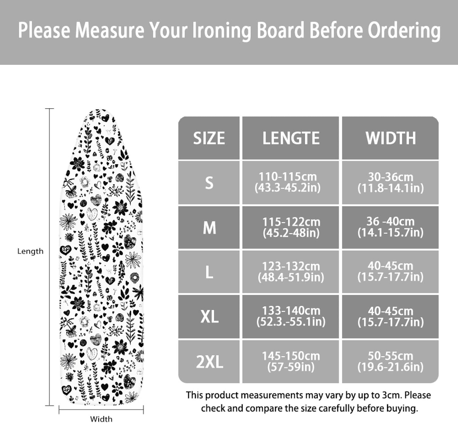 Padded Ironing Board Covers 18 X 49 Black Flower Oval Ironing Board Pad and Cover Thick Replacement Drawstring Tightening & Lock, Easy Fit, Scorch & Stain Resistant, Non Slip